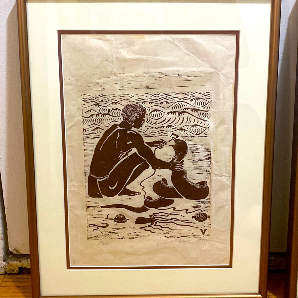 ORIGINAL SIGNED DIETRICH VAREZ WOODBLOCK LINOCUT 1978 HAWAIIAN PUHI FRAMED